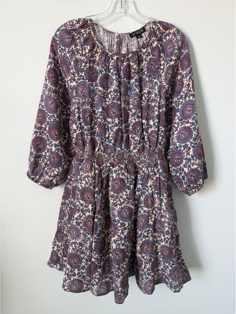 J. Crew Linen 3/4 Sleeve Round Neck Floral Smocked Waist Palermo Dress Size S
